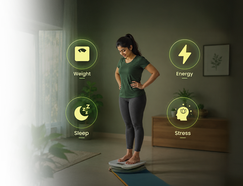 A woman reviewing her health snapshot across weight, energy, sleep and stress